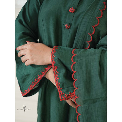 Label Ruby Bottle Green Mul Chanderi Kurta with Palazzo and Dupatta