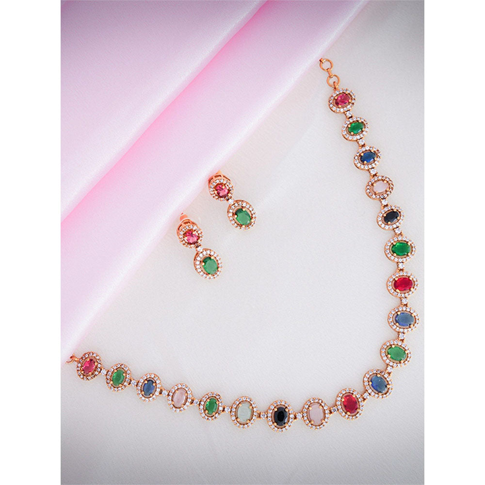 Label Ruby Multicolor Oval Stone In Rose Gold Finish Jewellery Set