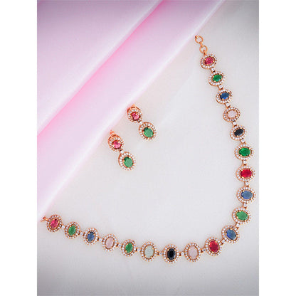 Label Ruby Multicolor Oval Stone In Rose Gold Finish Jewellery Set