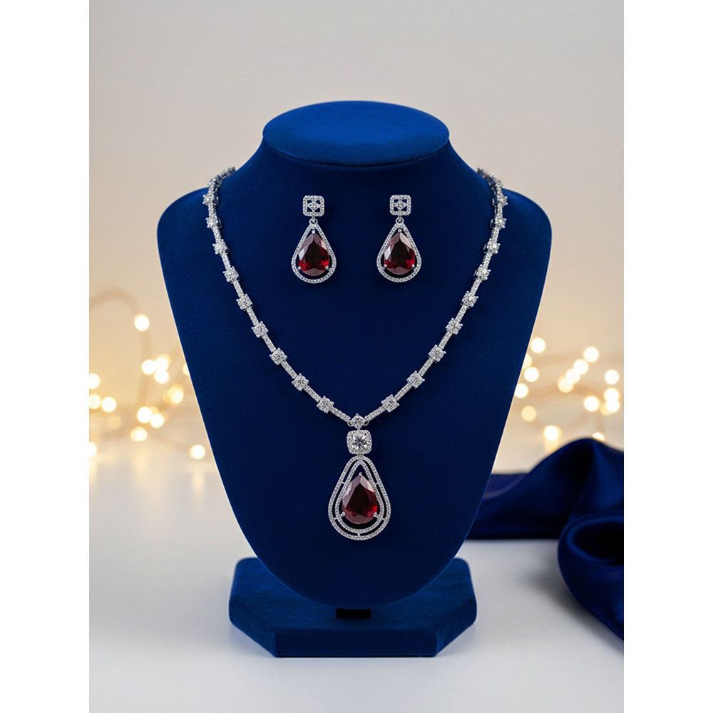 Label Ruby Red Ruby Teardrop Cz Halo In Silver Plating Bridal Wear Jewellery Set