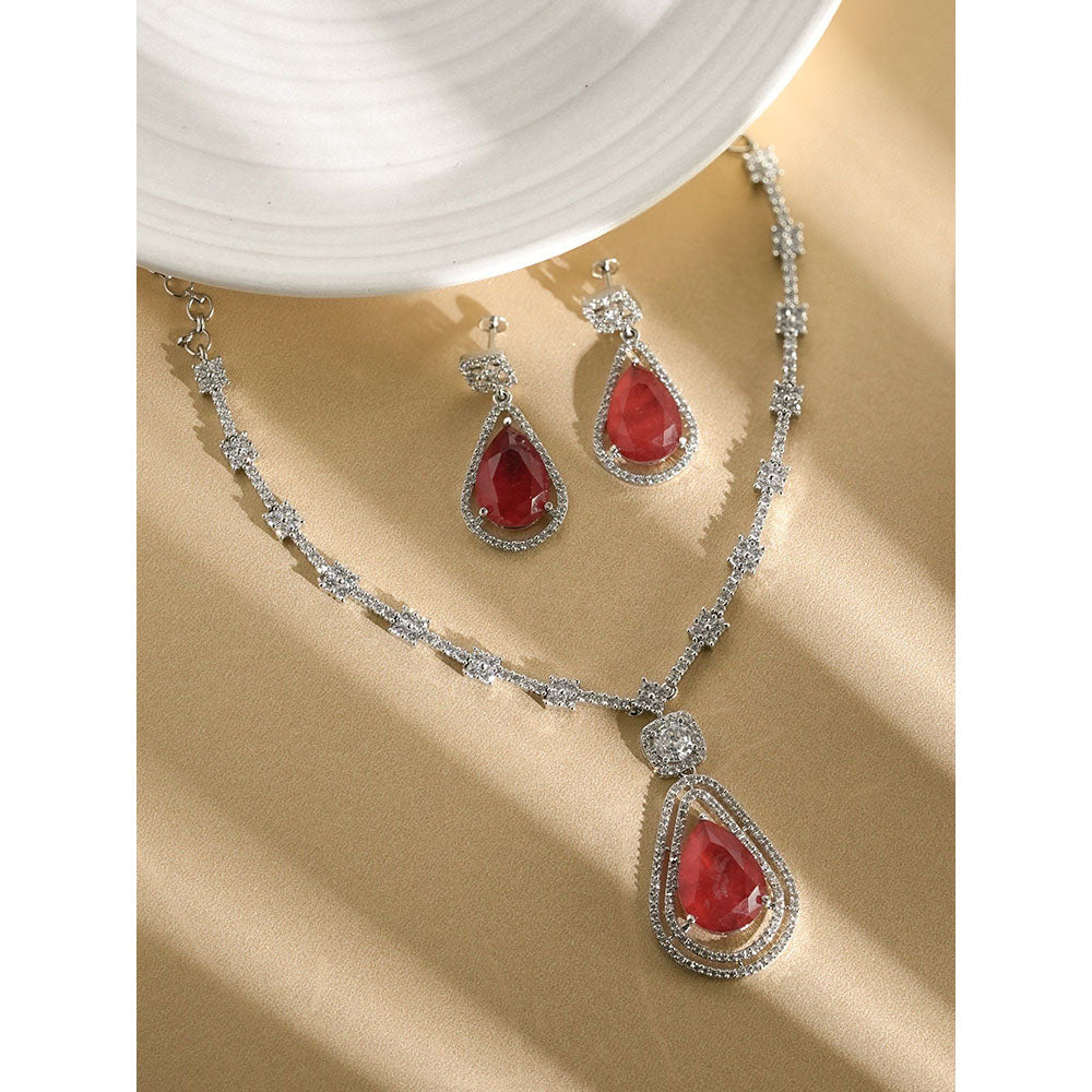 Label Ruby Red Ruby Teardrop Cz Halo In Silver Plating Bridal Wear Jewellery Set