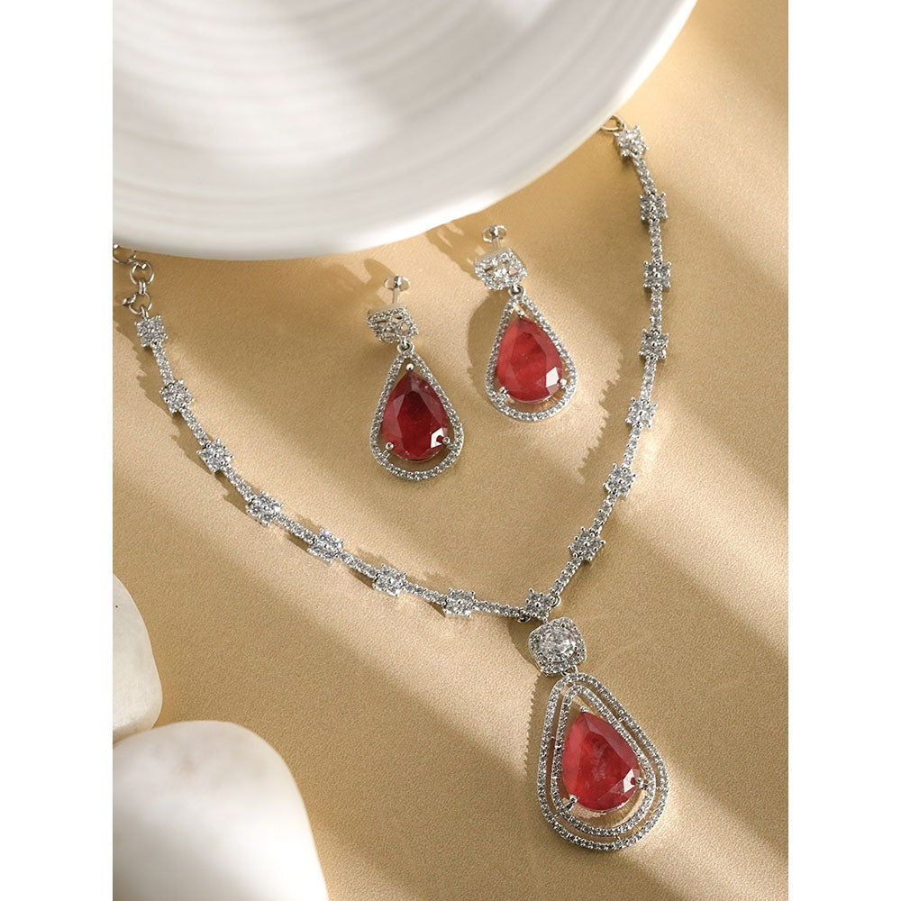 Label Ruby Red Ruby Teardrop Cz Halo In Silver Plating Bridal Wear Jewellery Set