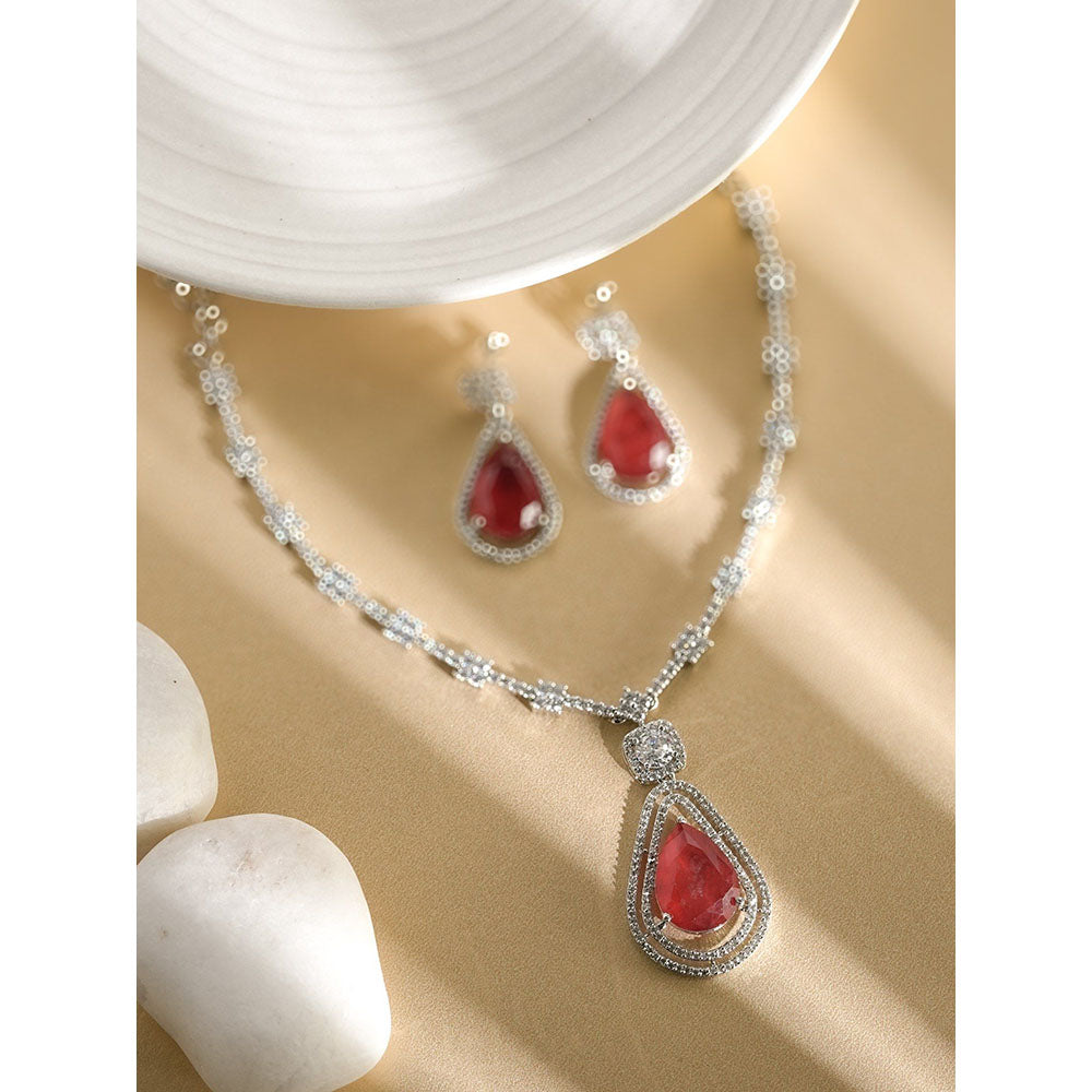 Label Ruby Red Ruby Teardrop Cz Halo In Silver Plating Bridal Wear Jewellery Set