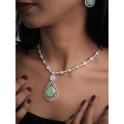 Label Ruby Light Green Teardrop Silver Plating Bridal Wear Jewellery Set