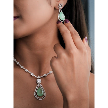 Label Ruby Light Green Teardrop Silver Plating Bridal Wear Jewellery Set