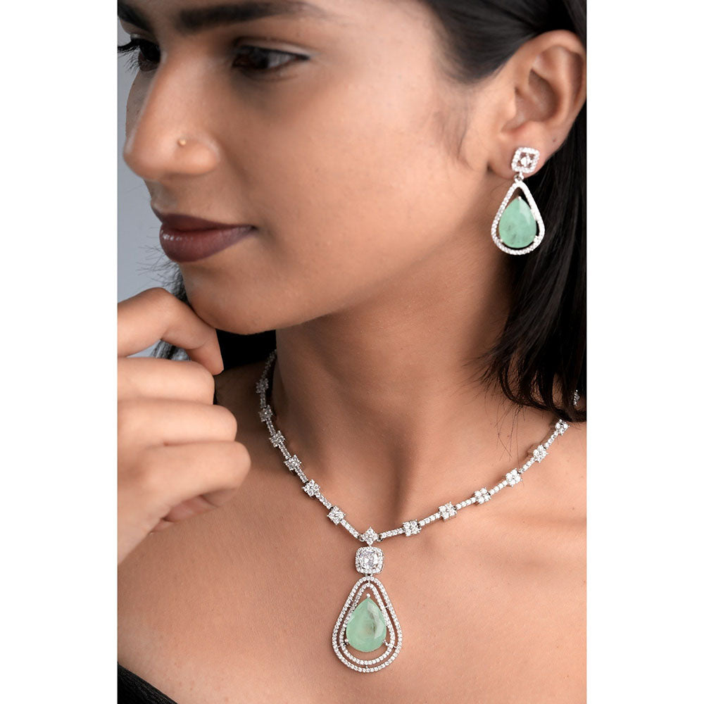 Label Ruby Light Green Teardrop Silver Plating Bridal Wear Jewellery Set