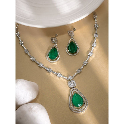 Label Ruby Emerald Green Cz Halo Silver Plating Bridal Wear Jewellery Set