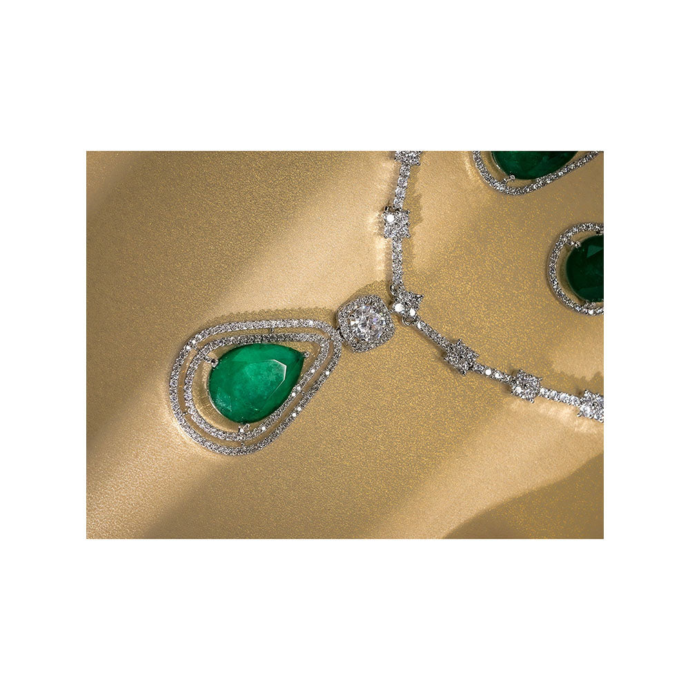 Label Ruby Emerald Green Cz Halo Silver Plating Bridal Wear Jewellery Set