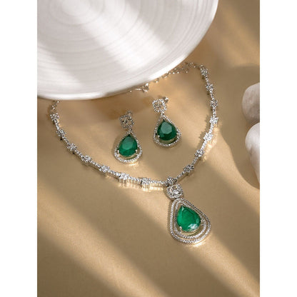 Label Ruby Emerald Green Cz Halo Silver Plating Bridal Wear Jewellery Set