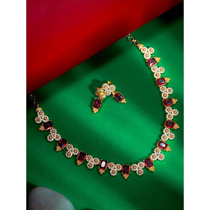 Label Ruby Elegant Emerald Red And Gold-Plated Necklace and Earrings
