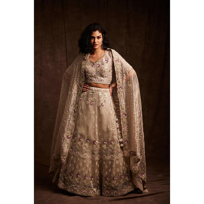 Label Gayatri Bishnoi Nude Sequin Lehenga with Blouse and Dupatta (Set of 3)