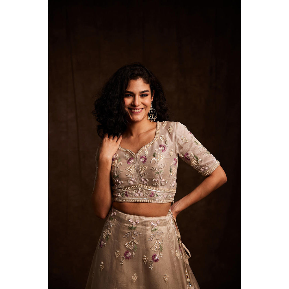 Label Gayatri Bishnoi Nude Sequin Lehenga with Blouse and Dupatta (Set of 3)