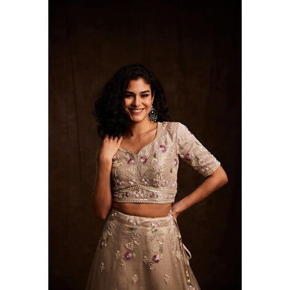 Label Gayatri Bishnoi Nude Sequin Lehenga with Blouse and Dupatta (Set of 3)