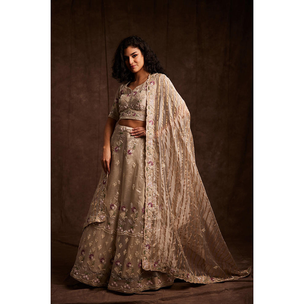 Label Gayatri Bishnoi Nude Sequin Lehenga with Blouse and Dupatta (Set of 3)