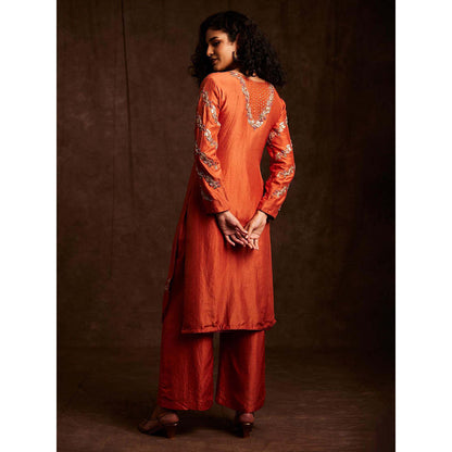 Label Gayatri Bishnoi Seher Rust Embroidered Kurta with Palazzo (Set of 2)