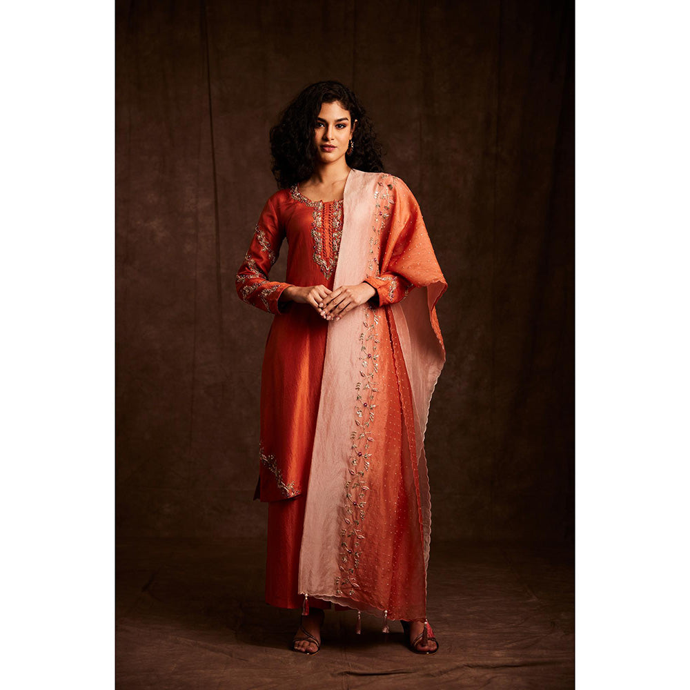 Label Gayatri Bishnoi Rust Ombre Kurta with Palazzo and Dupatta (Set of 3)