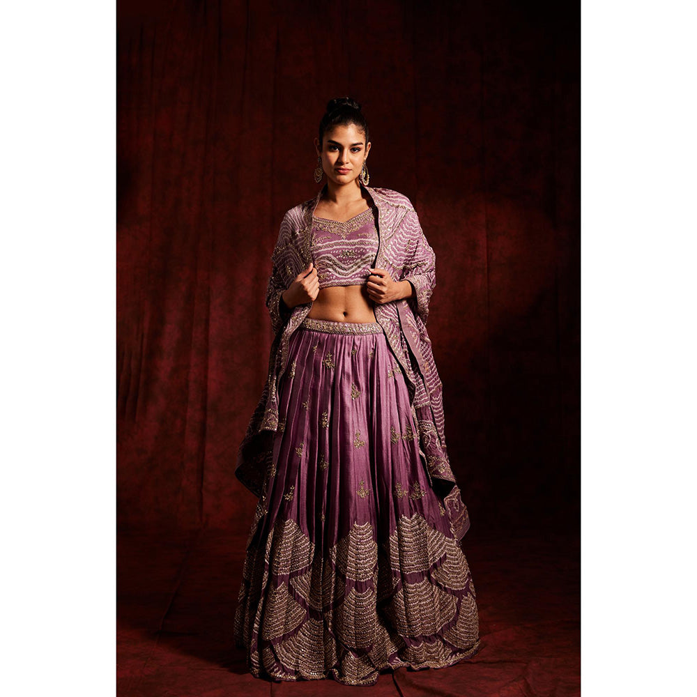 Label Gayatri Bishnoi Purple Pure Gajji Silk Bandhej Lehenga with Blouse and Dupatta (Set of 3)