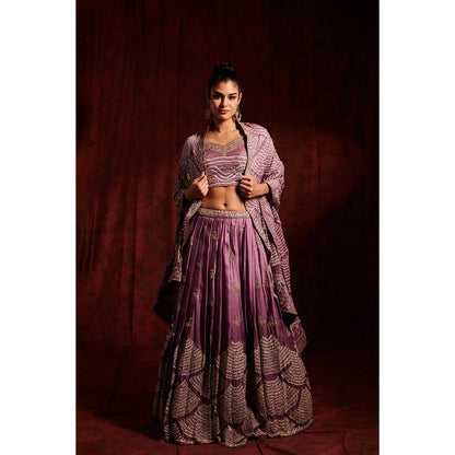 Label Gayatri Bishnoi Purple Pure Gajji Silk Bandhej Lehenga with Blouse and Dupatta (Set of 3)