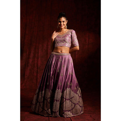 Label Gayatri Bishnoi Purple Pure Gajji Silk Bandhej Lehenga with Blouse and Dupatta (Set of 3)