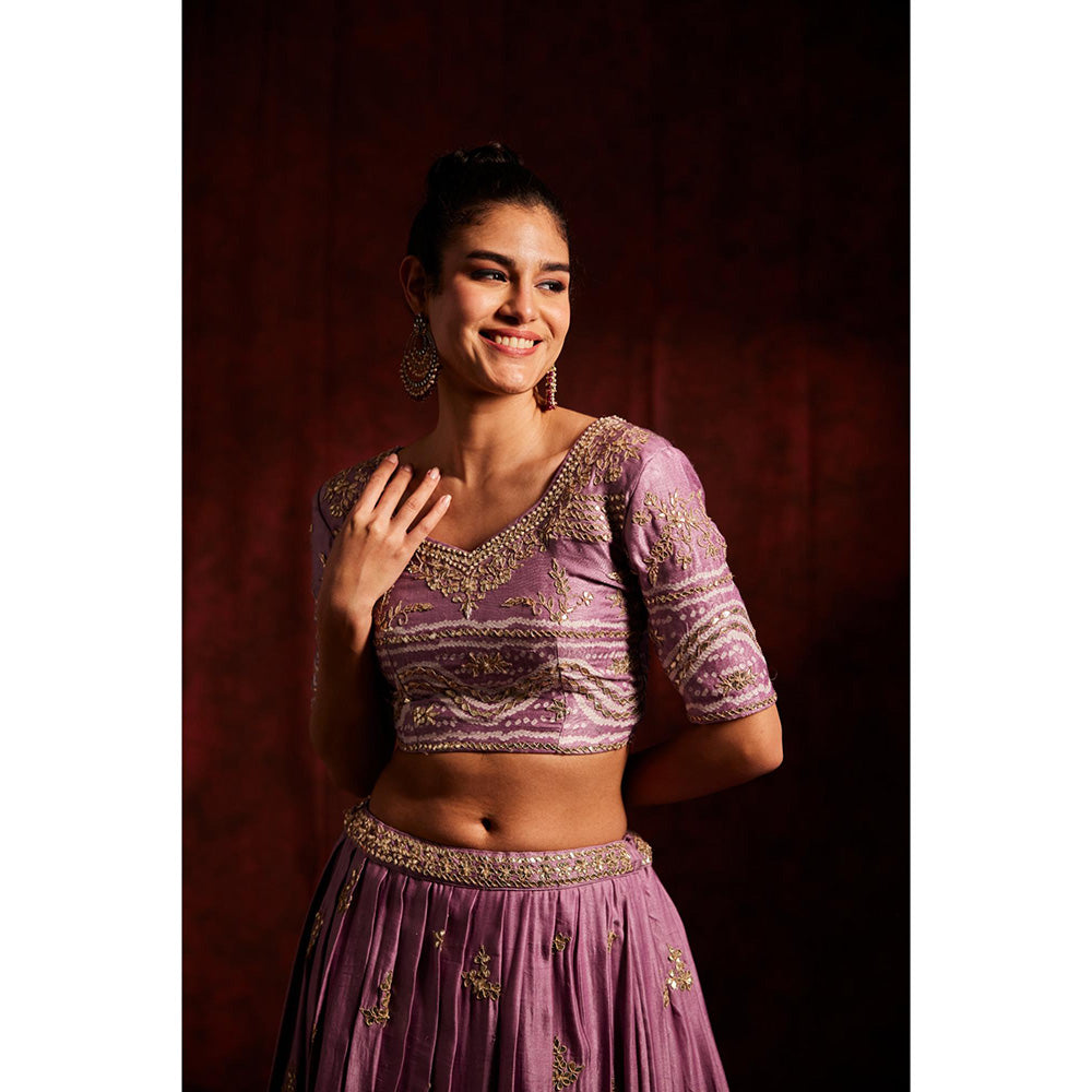 Label Gayatri Bishnoi Purple Pure Gajji Silk Bandhej Lehenga with Blouse and Dupatta (Set of 3)