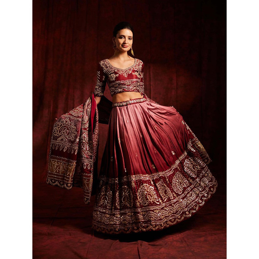 Label Gayatri Bishnoi Maroon Pure Gajji Silk Bandhej Lehenga with Blouse and Dupatta (Set of 3)