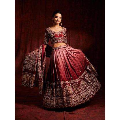 Label Gayatri Bishnoi Maroon Pure Gajji Silk Bandhej Lehenga with Blouse and Dupatta (Set of 3)