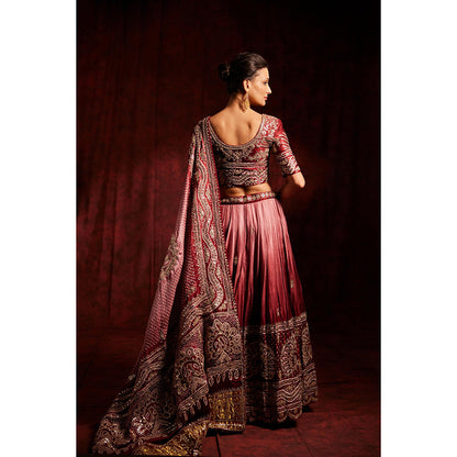 Label Gayatri Bishnoi Maroon Pure Gajji Silk Bandhej Lehenga with Blouse and Dupatta (Set of 3)