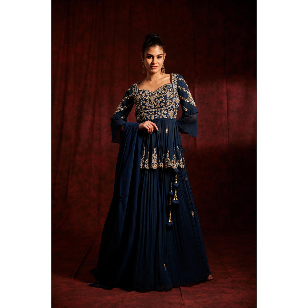 Label Gayatri Bishnoi Midnight Blue Peplum Top with Lehenga and Dupatta (Set of 3)