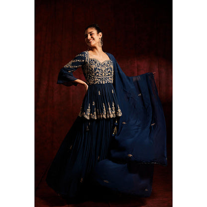 Label Gayatri Bishnoi Midnight Blue Peplum Top with Lehenga and Dupatta (Set of 3)