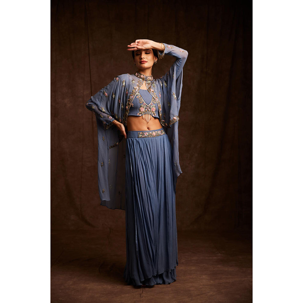 Label Gayatri Bishnoi Powder Blue Cape with Blouse and Lehenga (Set of 3)