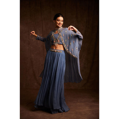 Label Gayatri Bishnoi Powder Blue Cape with Blouse and Lehenga (Set of 3)