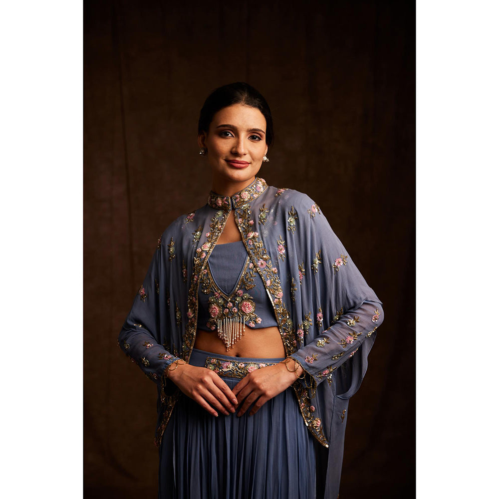 Label Gayatri Bishnoi Powder Blue Cape with Blouse and Lehenga (Set of 3)