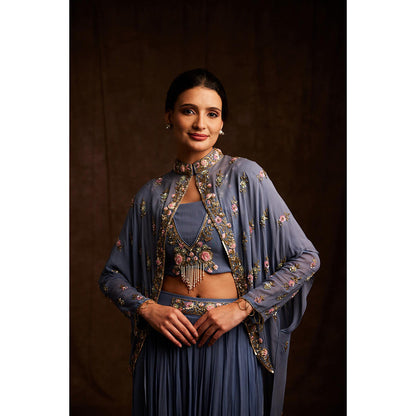 Label Gayatri Bishnoi Powder Blue Cape with Blouse and Lehenga (Set of 3)