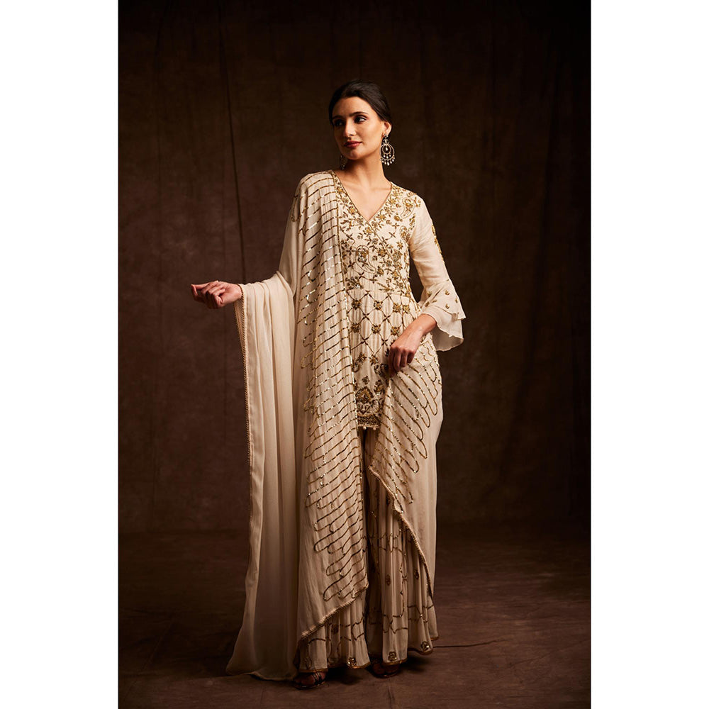 Label Gayatri Bishnoi Beige Salma Sitara Peplum Top with Sharara and Dupatta (Set of 3)