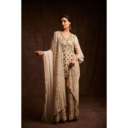 Label Gayatri Bishnoi Beige Salma Sitara Peplum Top with Sharara and Dupatta (Set of 3)