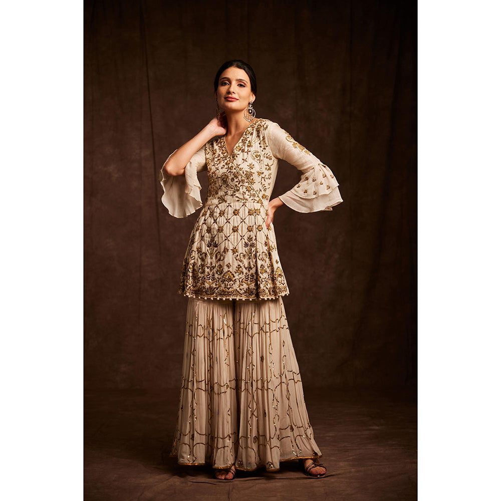Label Gayatri Bishnoi Beige Salma Sitara Peplum Top with Sharara and Dupatta (Set of 3)