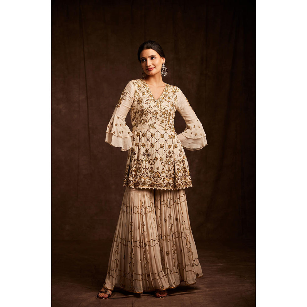 Label Gayatri Bishnoi Beige Salma Sitara Peplum Top with Sharara and Dupatta (Set of 3)