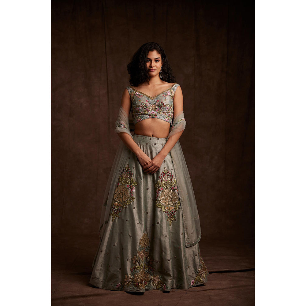 Label Gayatri Bishnoi Grey Patchwork Lehenga with Blouse and Dupatta (Set of 3)