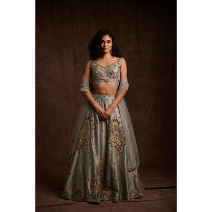 Label Gayatri Bishnoi Grey Patchwork Lehenga with Blouse and Dupatta (Set of 3)