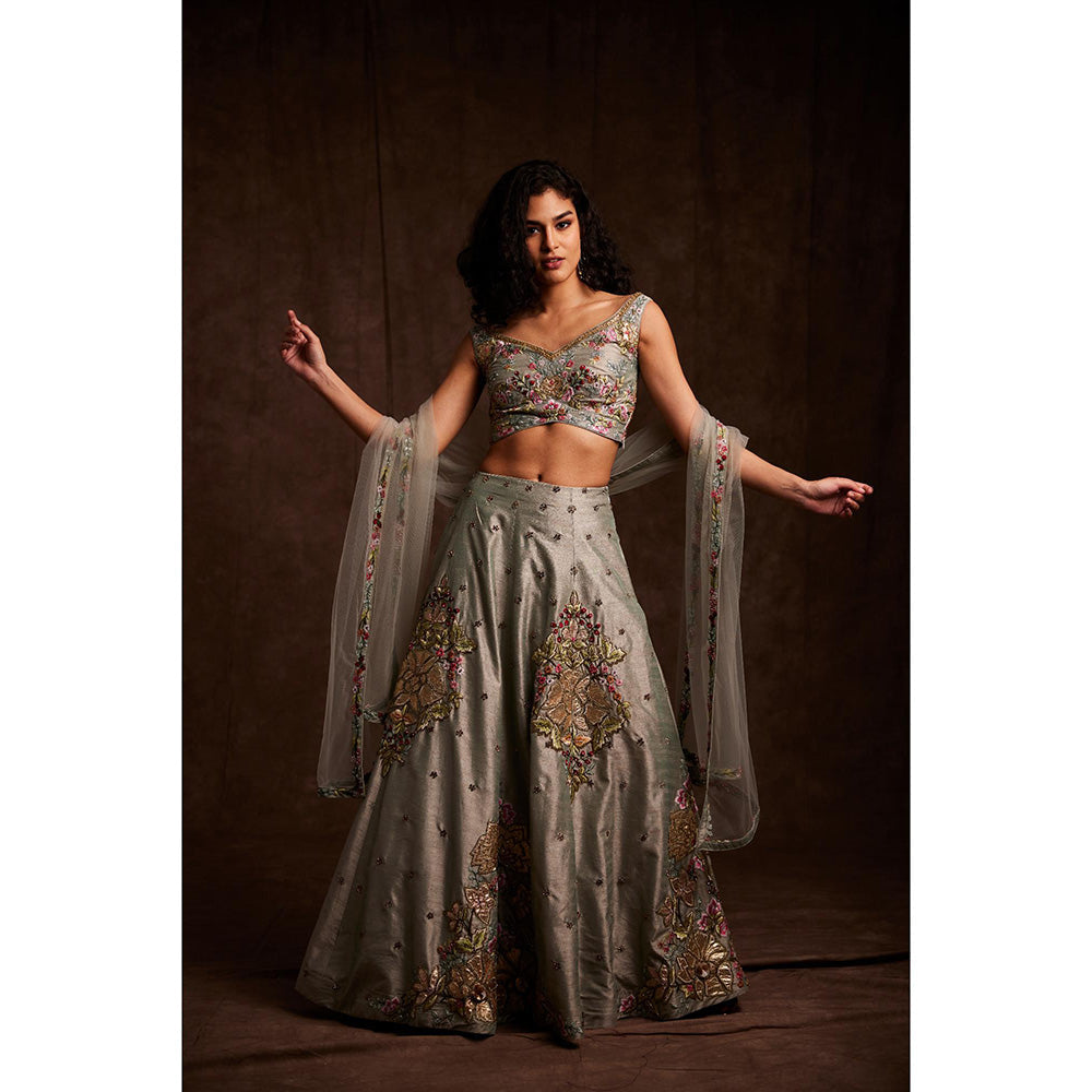 Label Gayatri Bishnoi Grey Patchwork Lehenga with Blouse and Dupatta (Set of 3)