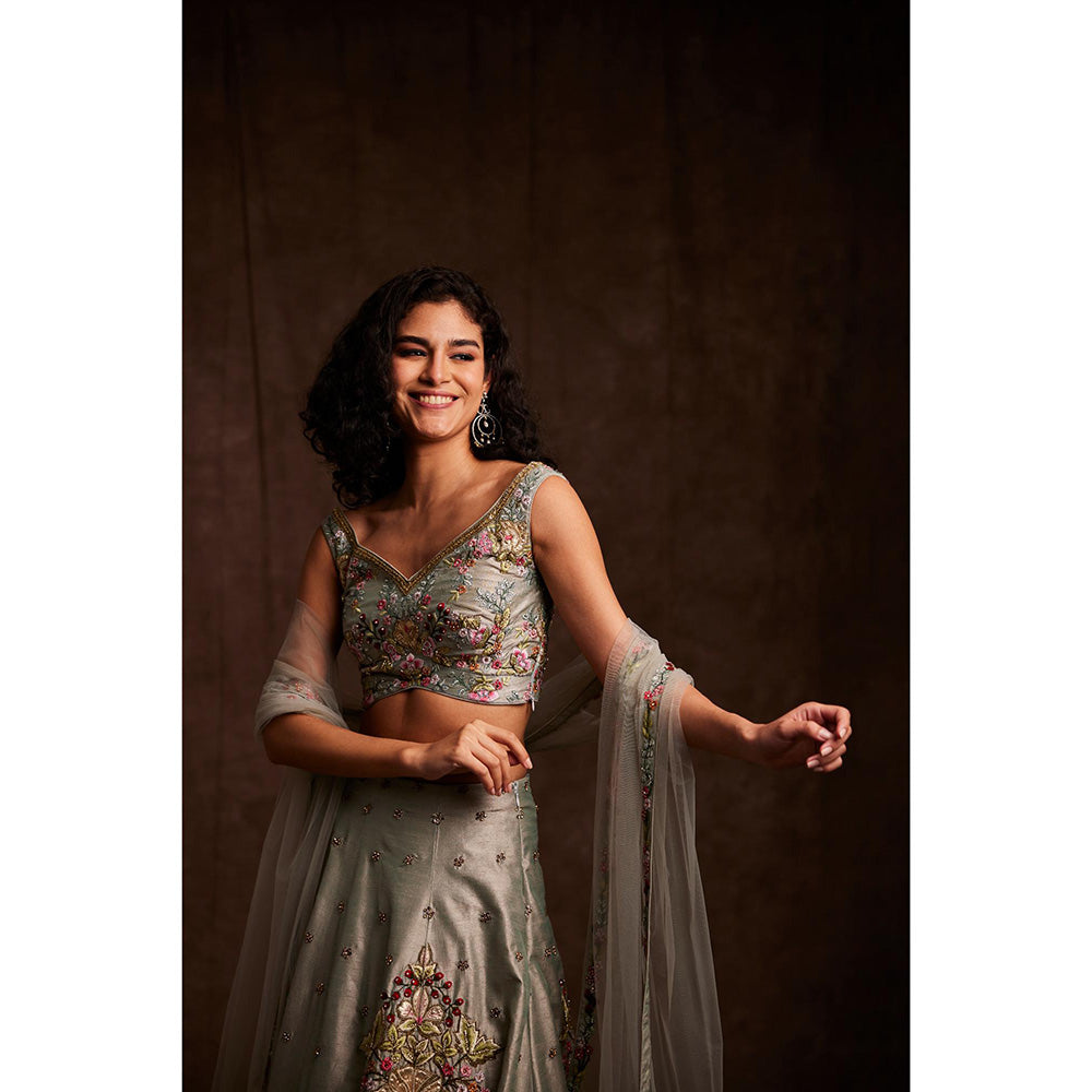 Label Gayatri Bishnoi Grey Patchwork Lehenga with Blouse and Dupatta (Set of 3)