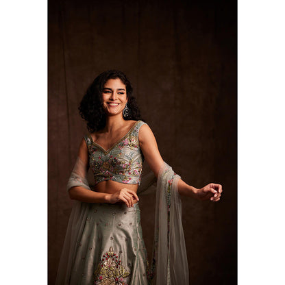Label Gayatri Bishnoi Grey Patchwork Lehenga with Blouse and Dupatta (Set of 3)