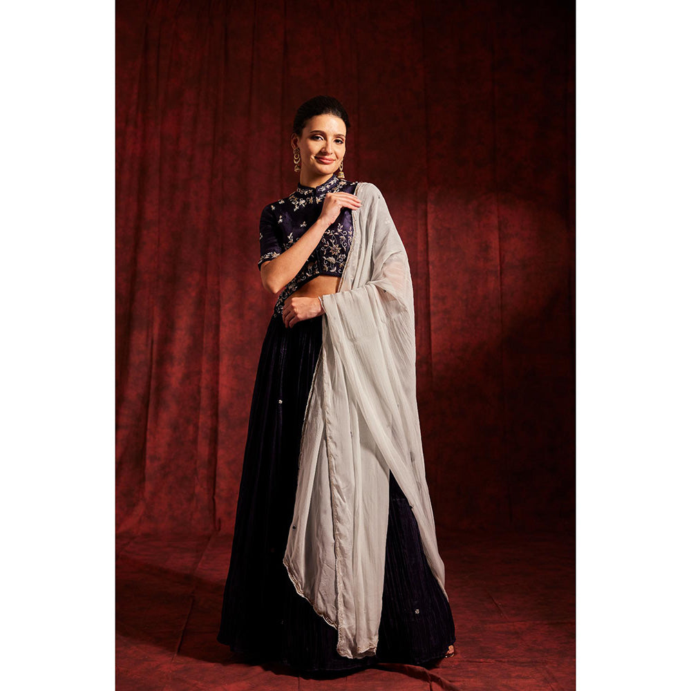 Label Gayatri Bishnoi Navy Blue Jacket with Lehenga and Dupatta (Set of 3)