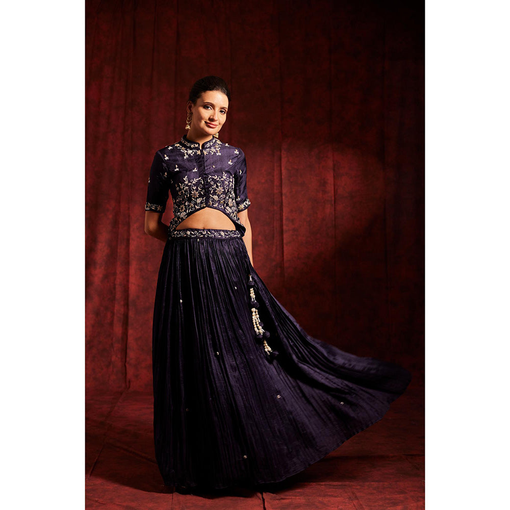 Label Gayatri Bishnoi Navy Blue Jacket with Lehenga and Dupatta (Set of 3)