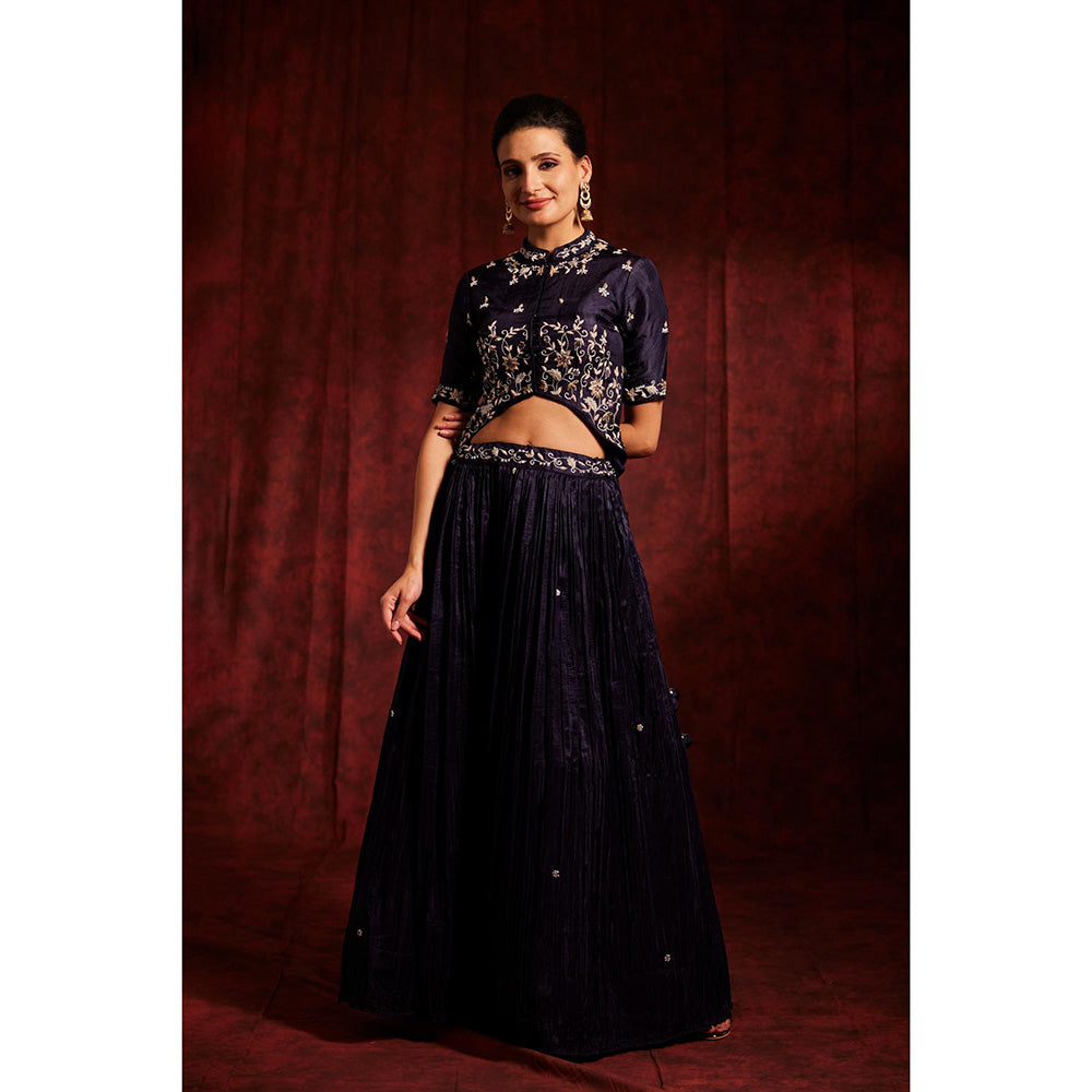 Label Gayatri Bishnoi Navy Blue Jacket with Lehenga and Dupatta (Set of 3)