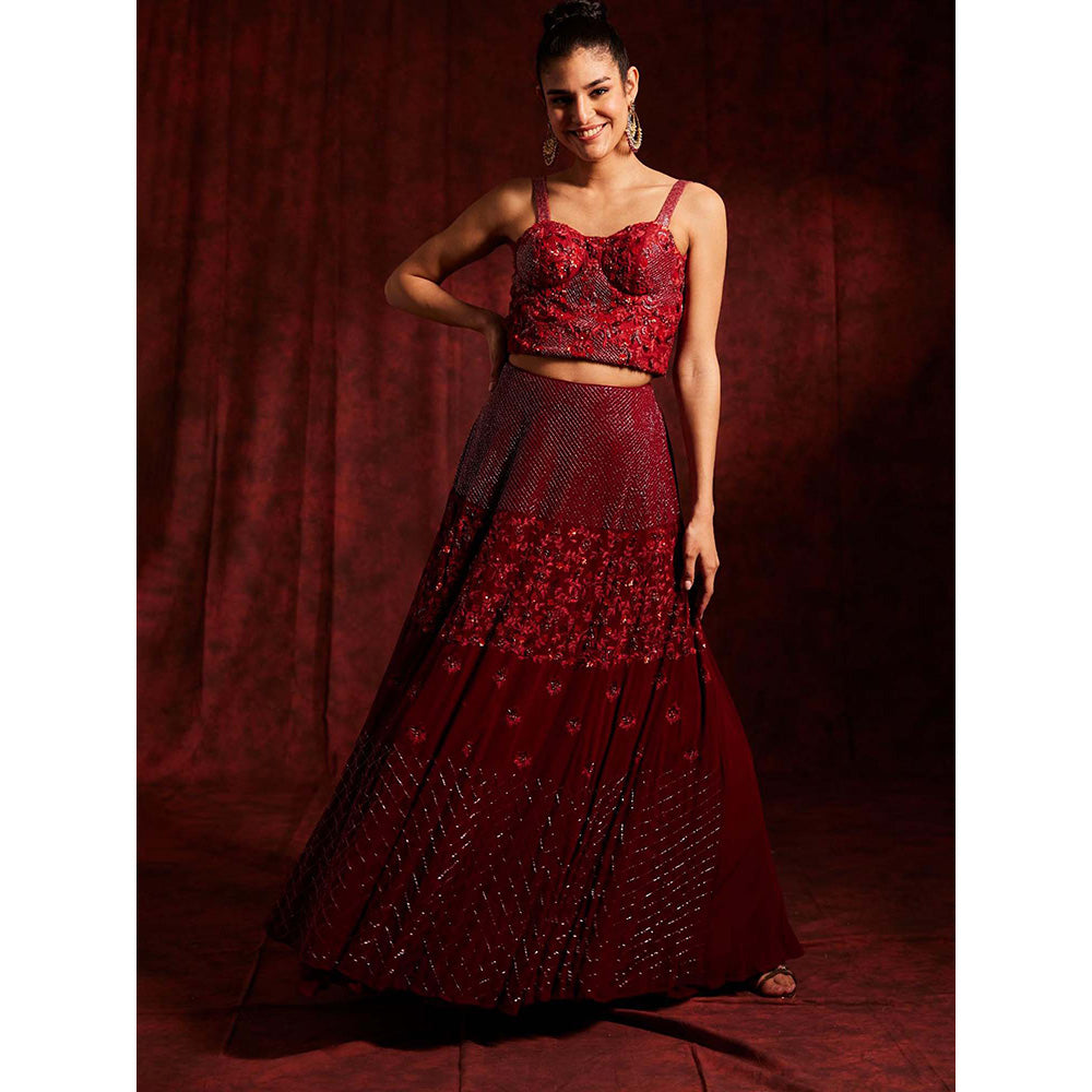Label Gayatri Bishnoi Red Mulberry Blouse with Lehenga and Cape (Set of 3)