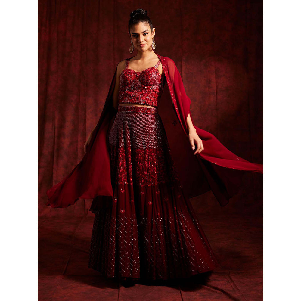 Label Gayatri Bishnoi Red Mulberry Blouse with Lehenga and Cape (Set of 3)