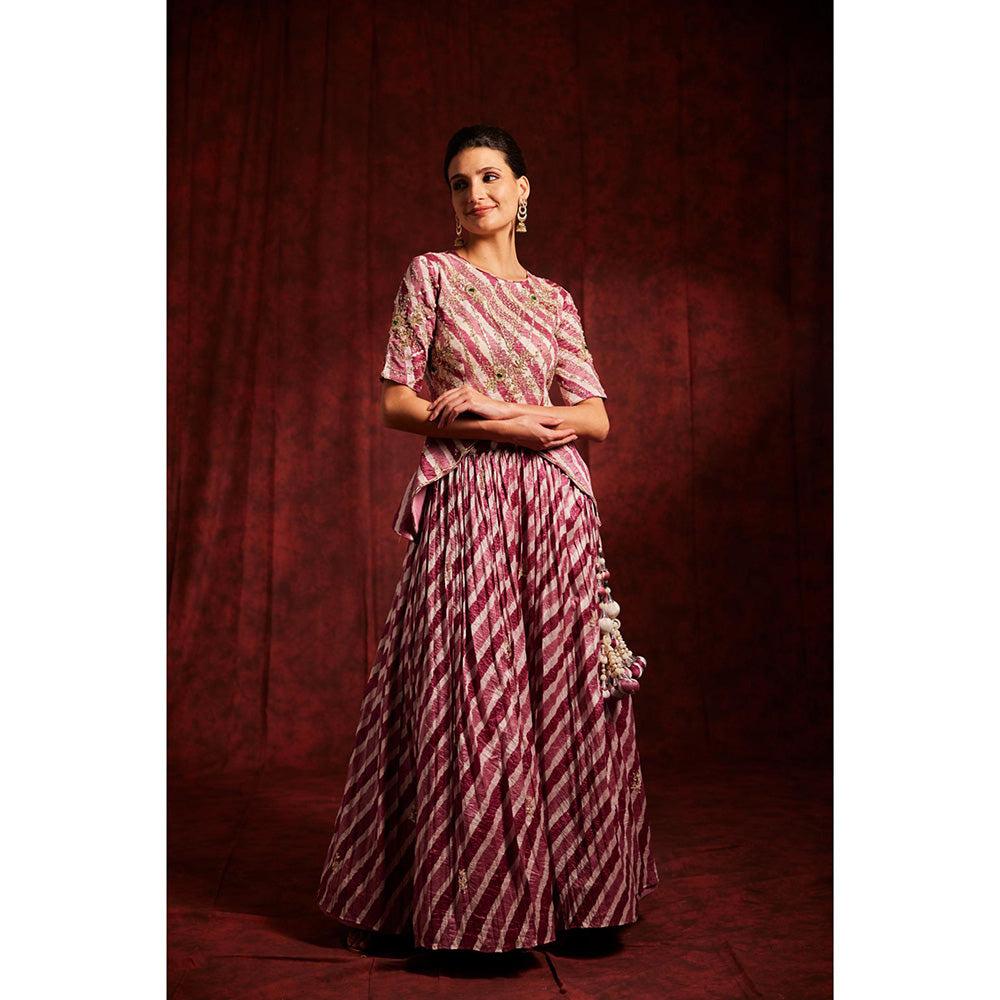 Label Gayatri Bishnoi Pink Onion Lechery Lehenga with Peplum Top and Dupatta (Set of 3)