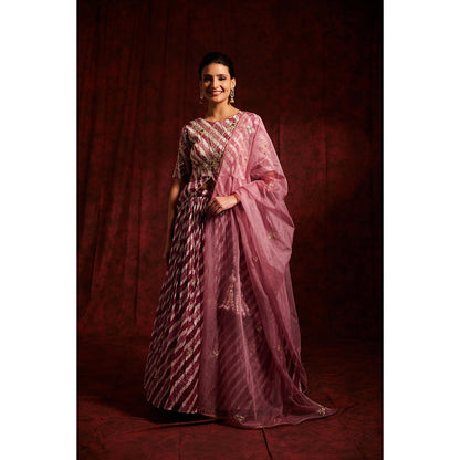 Label Gayatri Bishnoi Pink Onion Lechery Lehenga with Peplum Top and Dupatta (Set of 3)