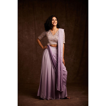 Label Gayatri Bishnoi Lavender Ombre Pre-Draped Saree with Stitched Blouse